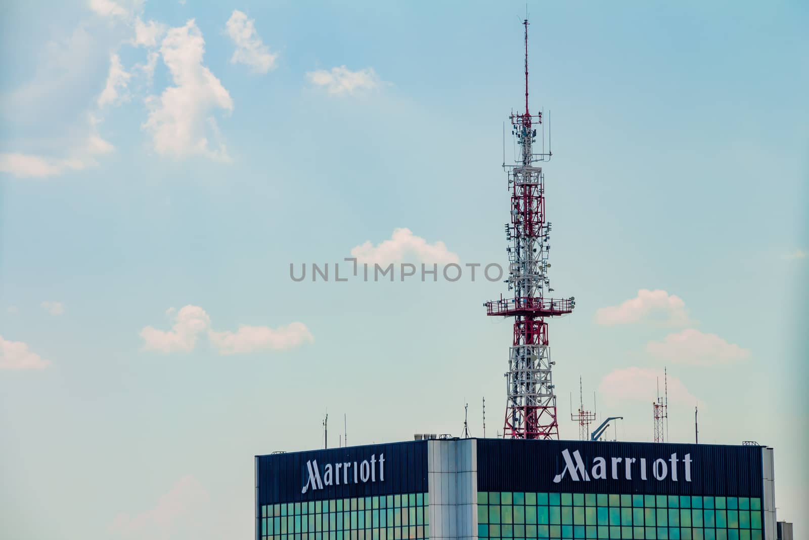 Warsaw, Poland - May 31, 2018: High office building of the Marriott company in the city center.