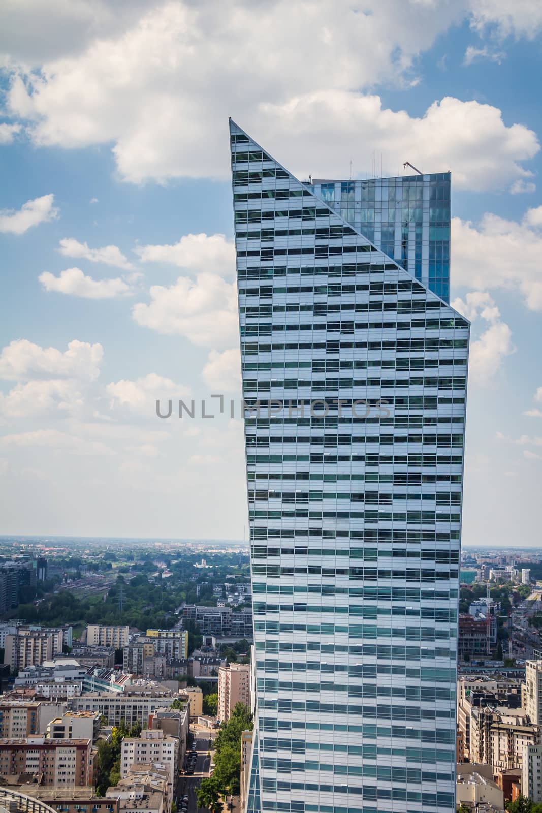 Aerial view of the Zlota 44 residential skyscraper in Warsaw poland.