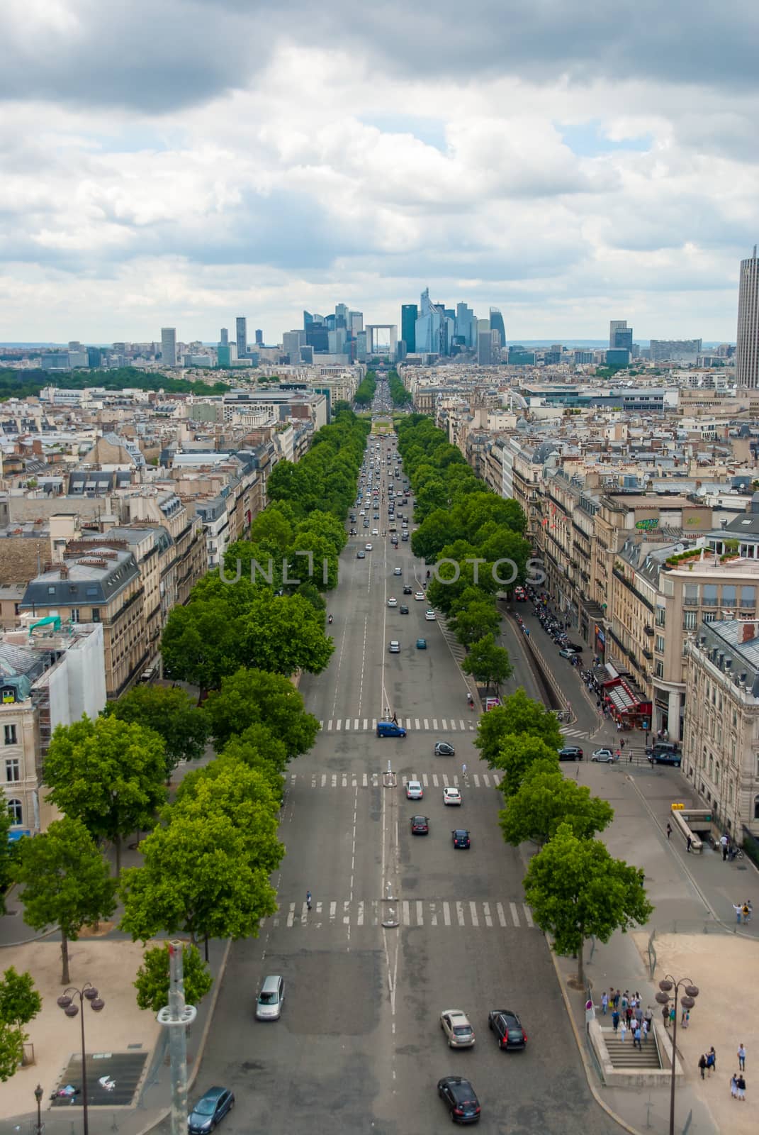 View towards Grande Arche de la Defense Paris Avenue de la Grande Armee