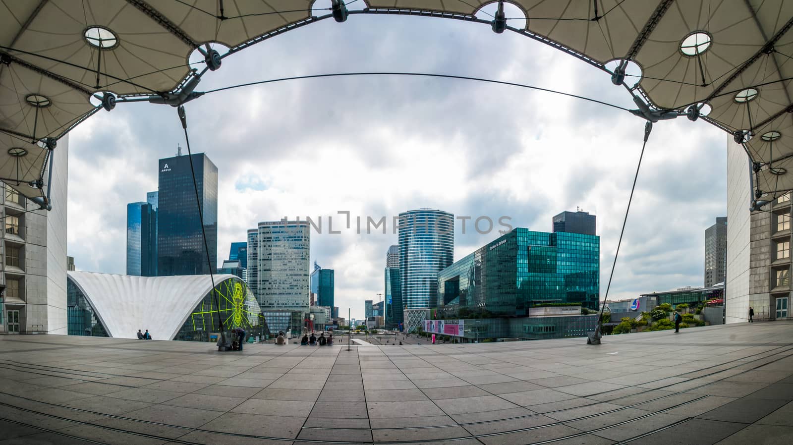 Le Grande Arche blue sky clouds Paris downtown panorama by MXW_Stock