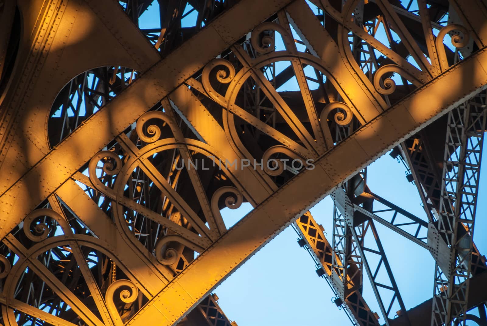 Arch structure Eiffel Tower Tour Eiffel blue sky steel structure in evening sunset sun