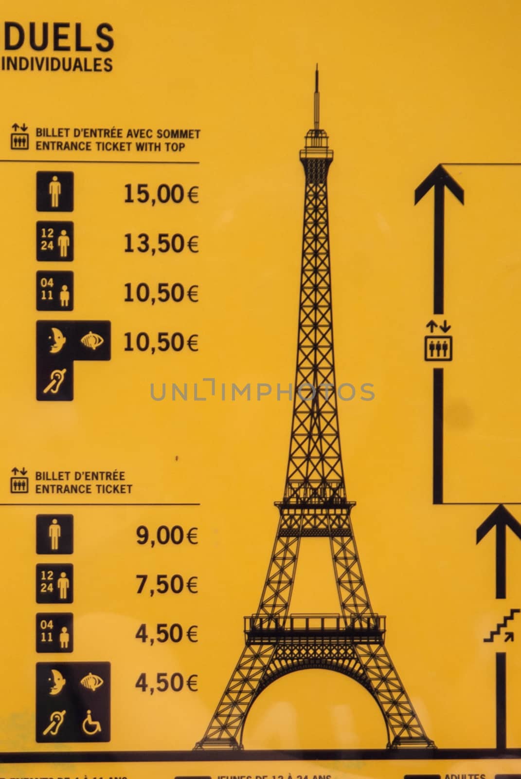 Price chart board Eiffel Tower Tour Eiffel blue sky clouds by MXW_Stock