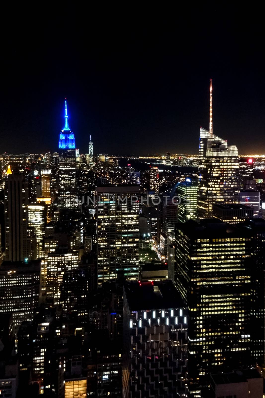 New York Manhattan skyline at night view skyscraper blue light