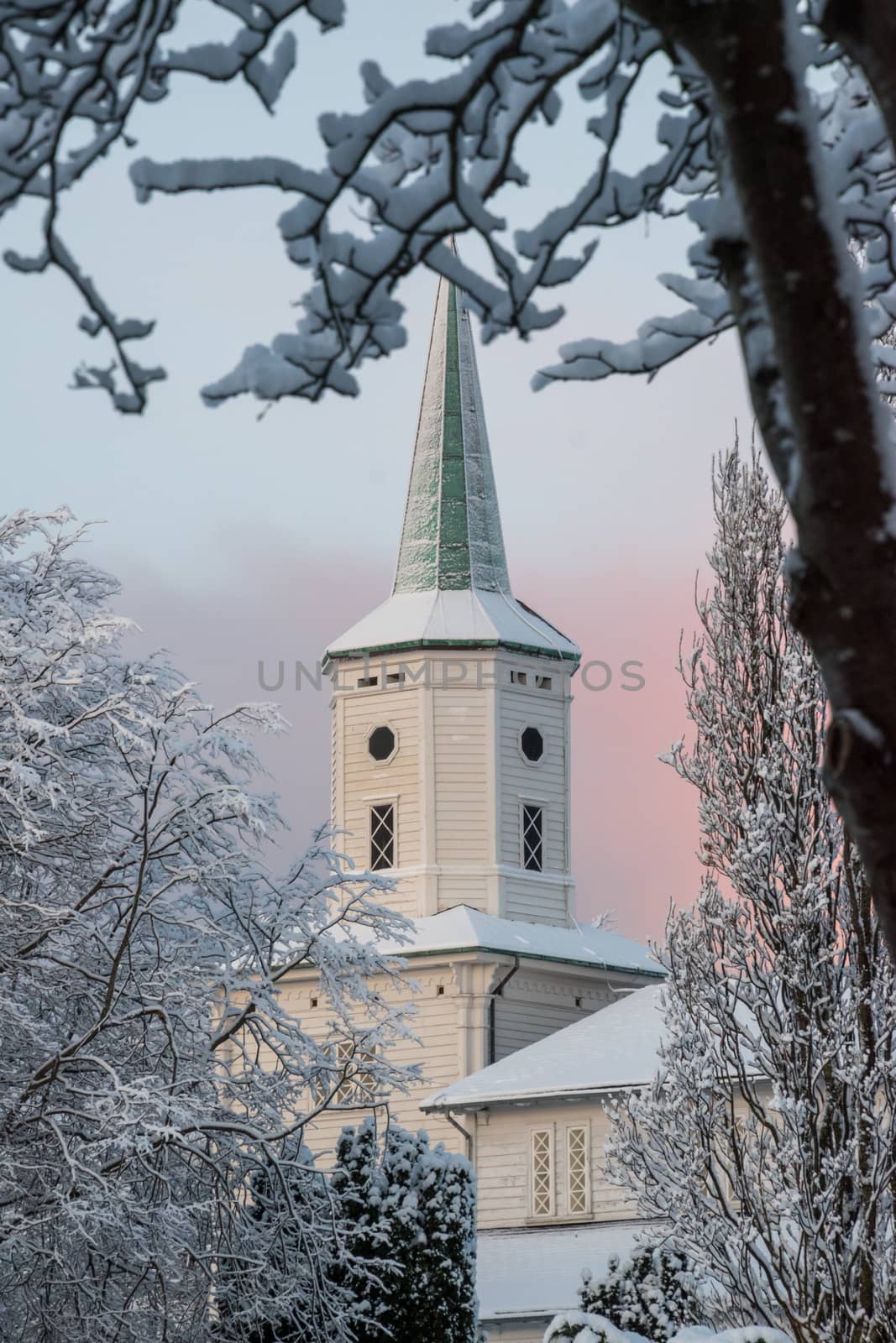 White stave church Norway Stavanger winter