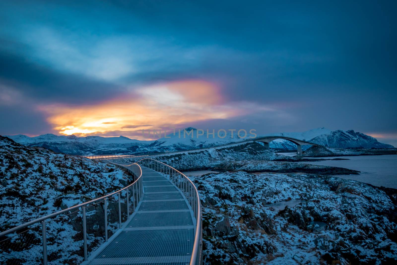 Atlantic Ocean Road in Norway winter sunset