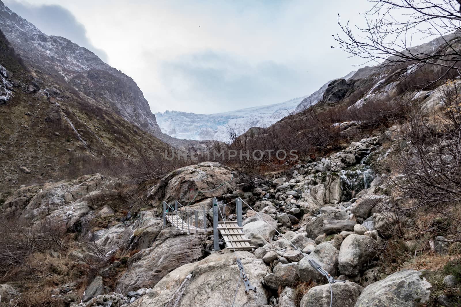 Buerbreen glacier suspension bridge hiking ice