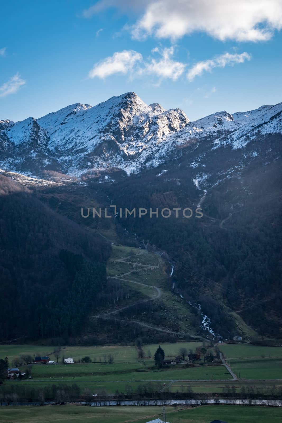 Mountains valley snow line winding road by MXW_Stock