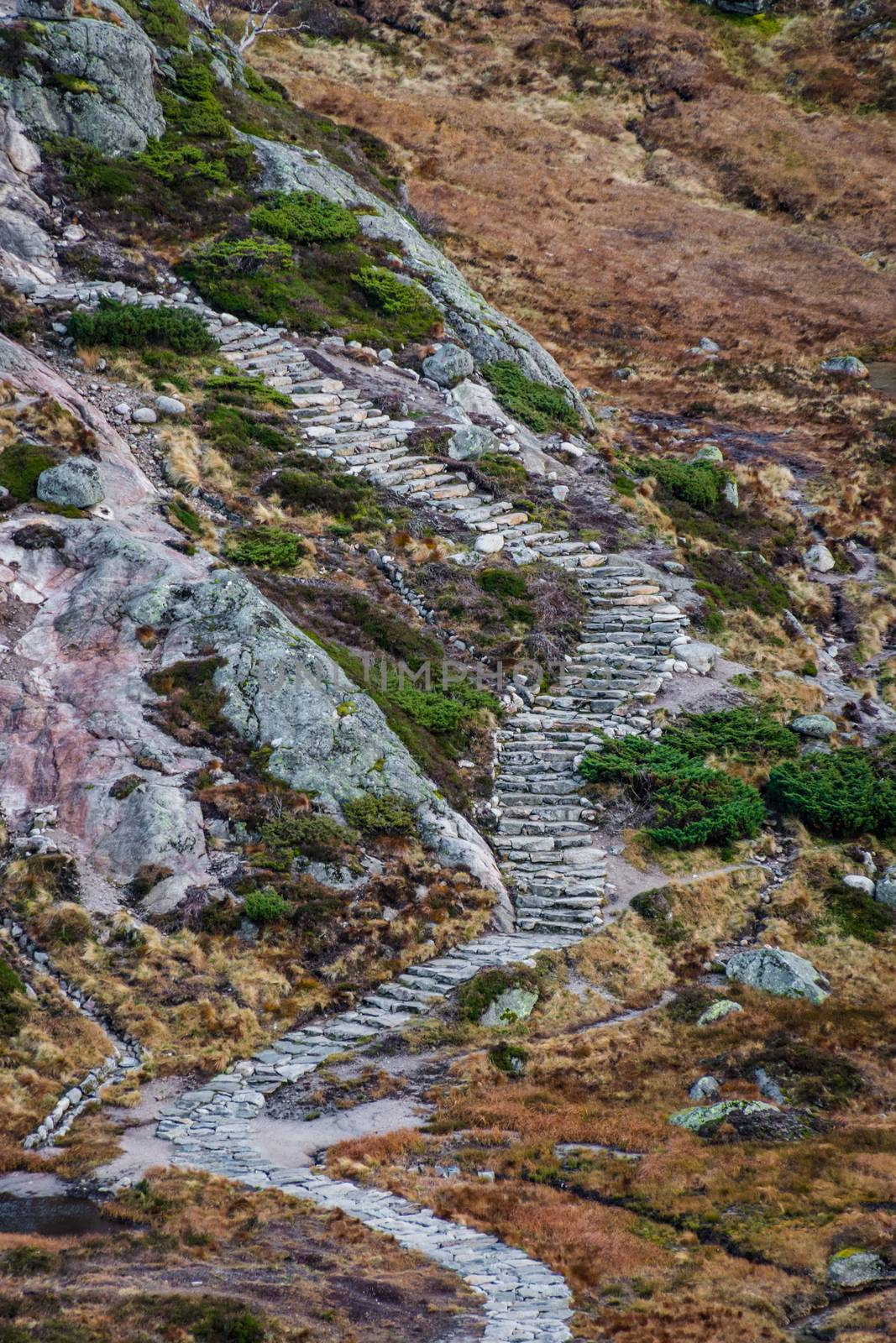 Stone stairs hiking fall landscape Norway Kjerag