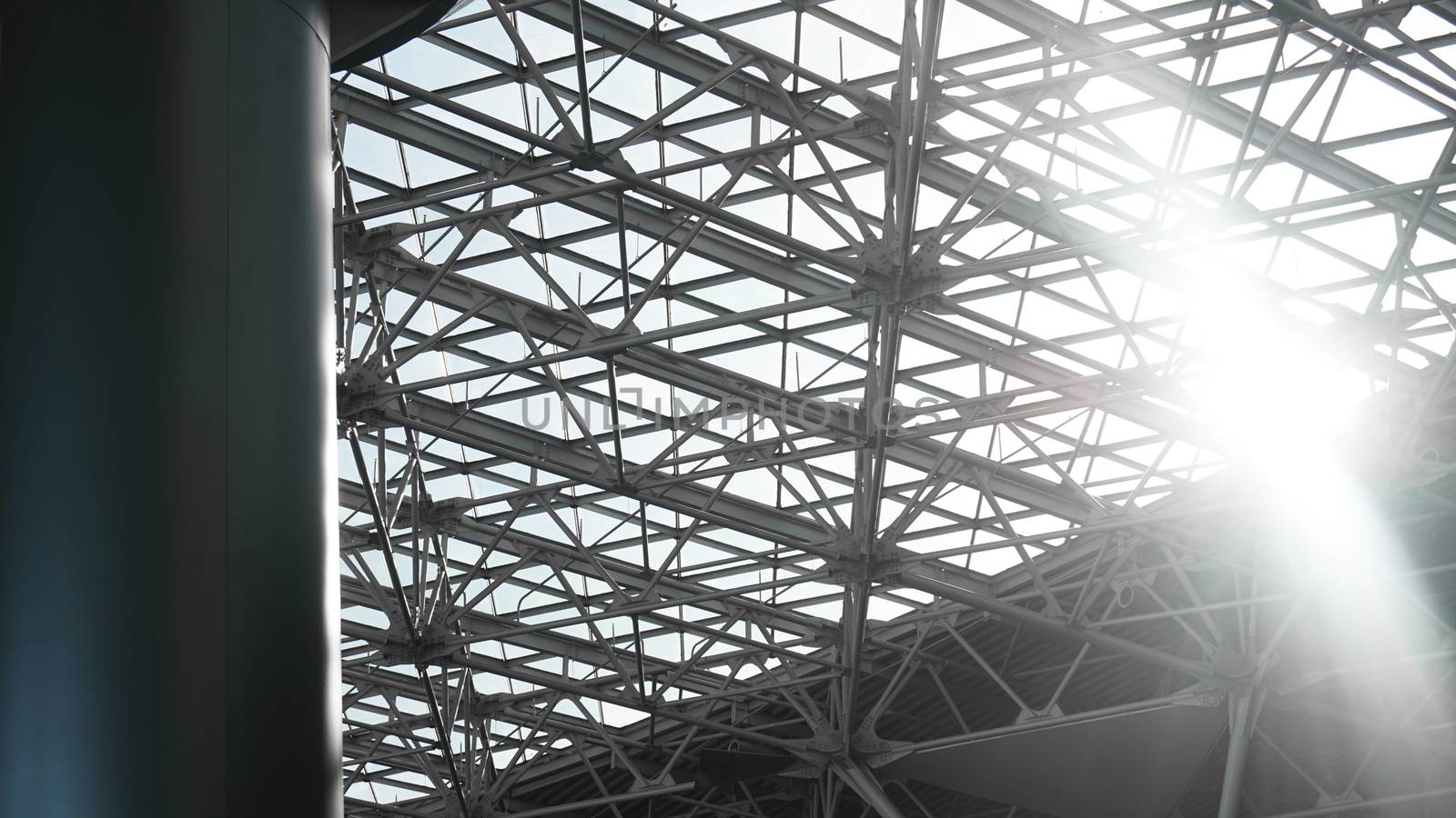 Steel structure workshop in construction, steel frame factory building closeup