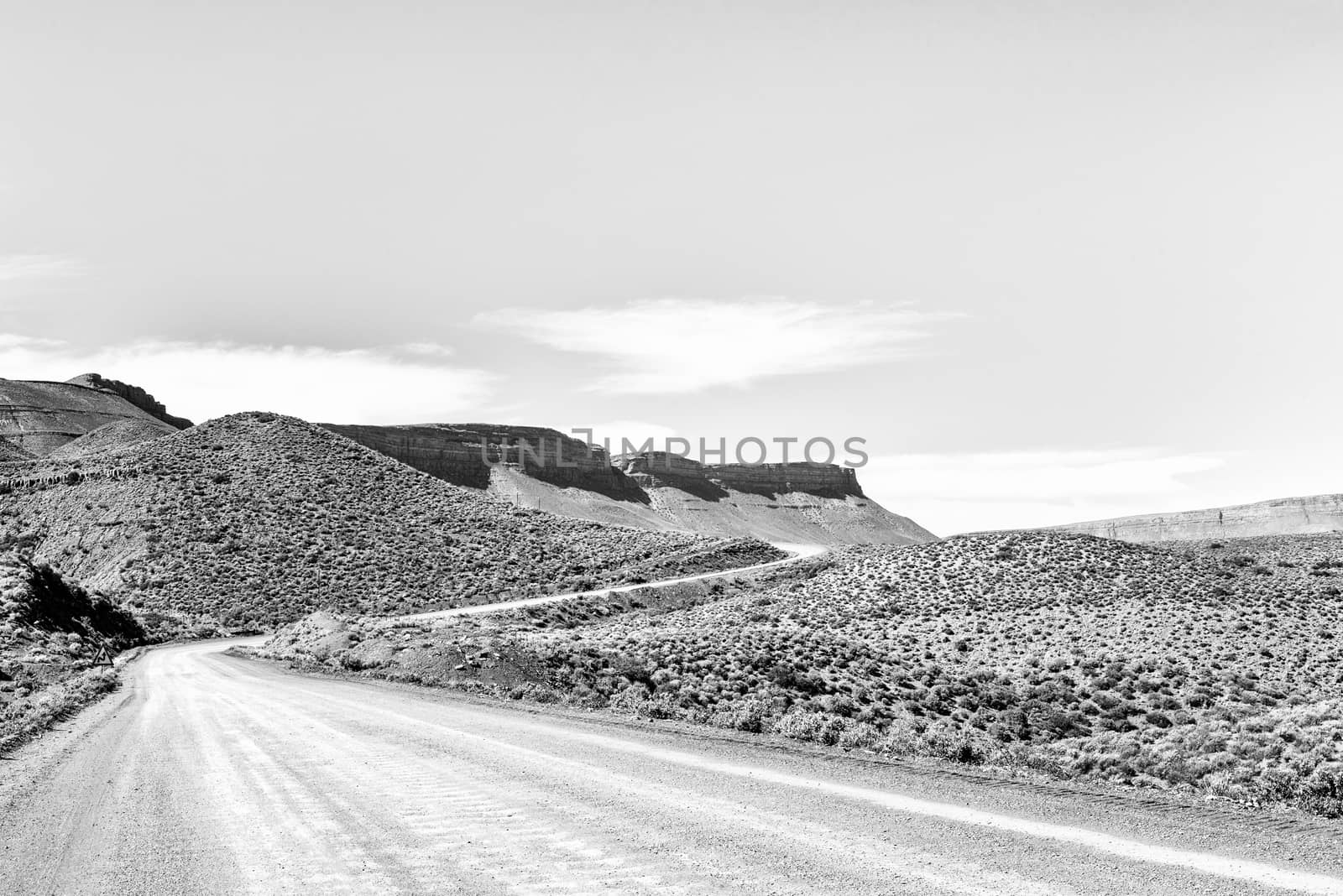 The landscape on road R355 on the Bloukrans Pass between Calvinia and Tankwa Karoo National Park in the Northern Cape Province. Monochrome
