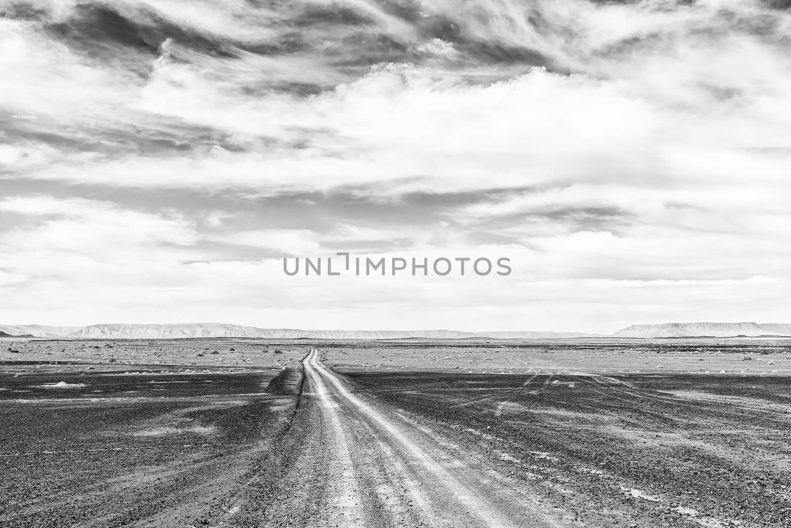 A road in a drought stricken part of the Tankwa Karoo in the Northern Cape Province of South Africa. Monochrome