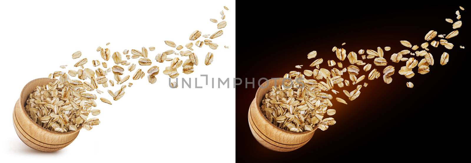 Oat flakes flying out of wooden bowl isolated on white and black background by xamtiw