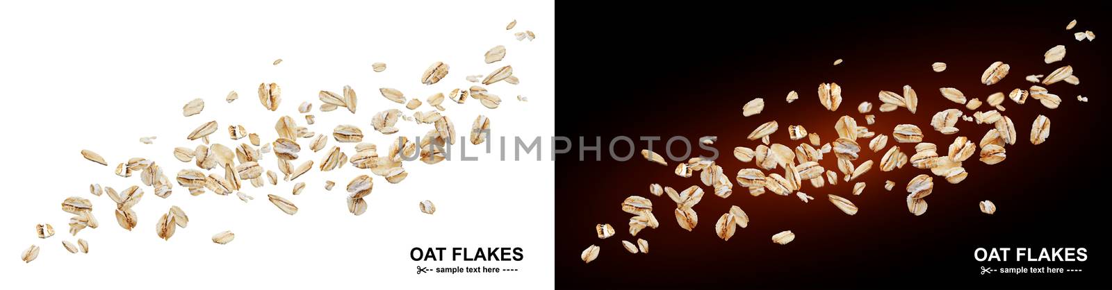 Flying oat flakes isolated on white and black backgrounds by xamtiw