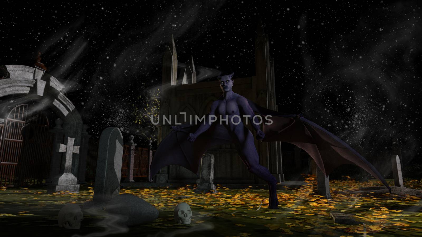 Fallen Angel of Death in a spooky cemetery at night - 3d rendering