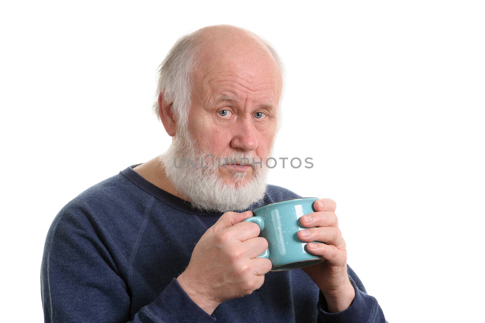 Elderly grey haired man with blue cup of tea or coffe isolated on white