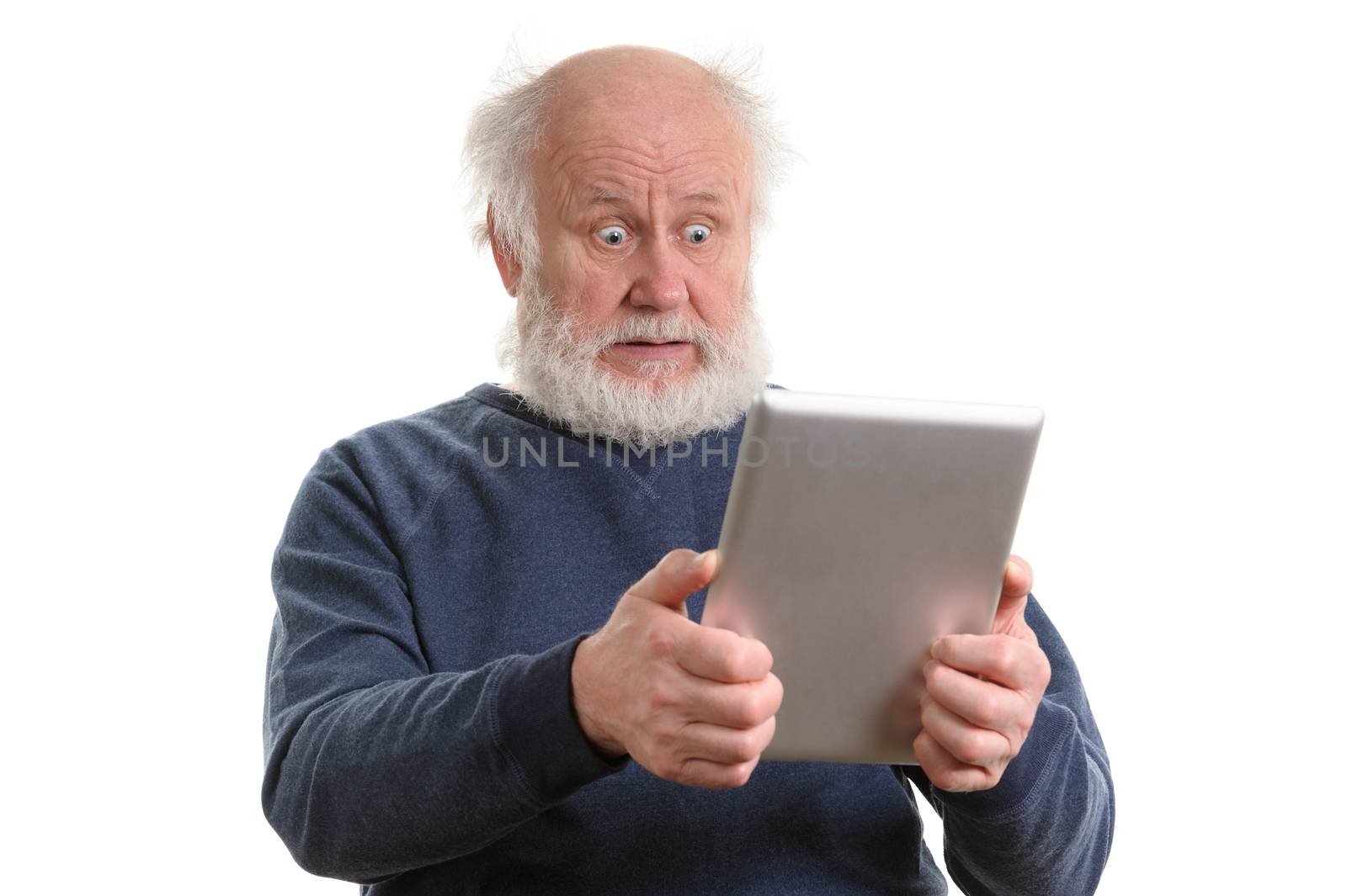 Funny shocked astonished old man using tablet computer, isolated on white