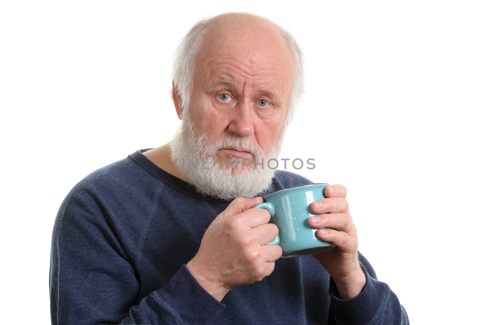 Elderly grey haired man with blue cup of tea or coffe isolated on white