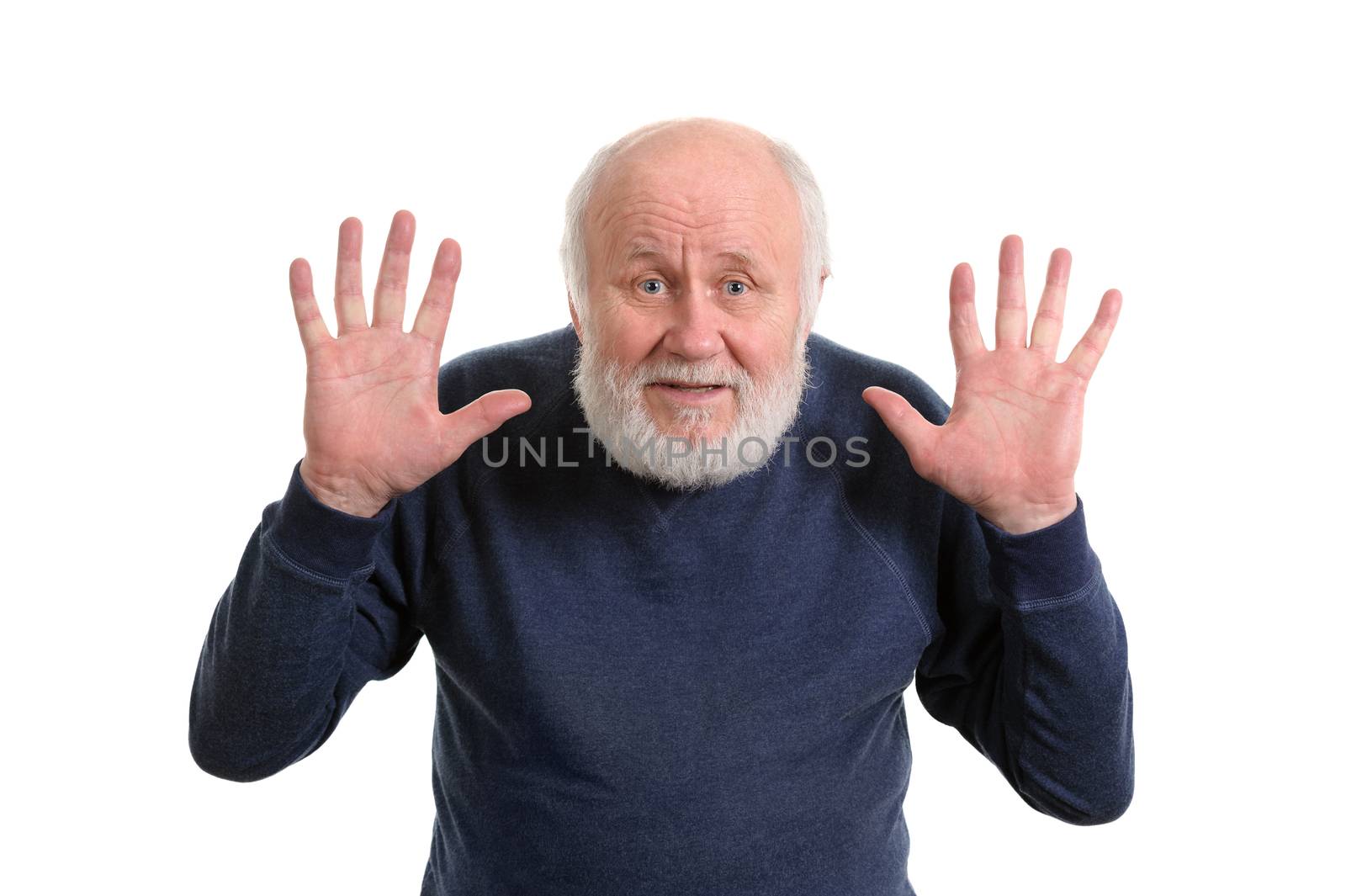 old man shows his empty palms isolated on white by starush