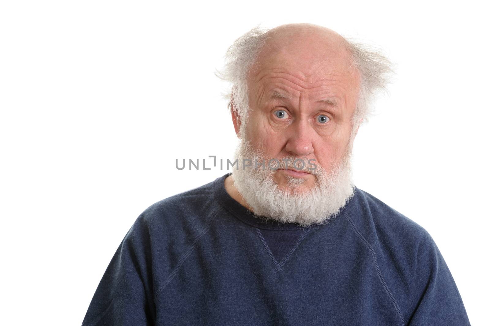 calm and sad depressing old bald man isolated portrait isolated on white