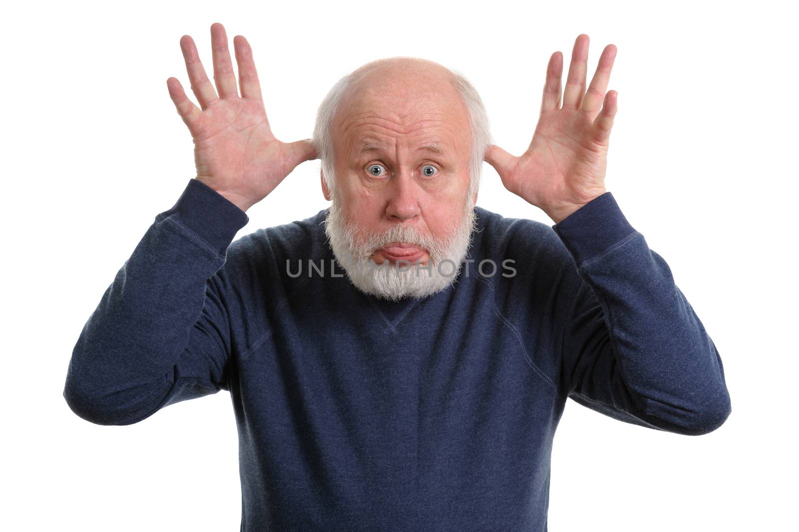 old man sticking out his tongue and making a moose face isolated on white