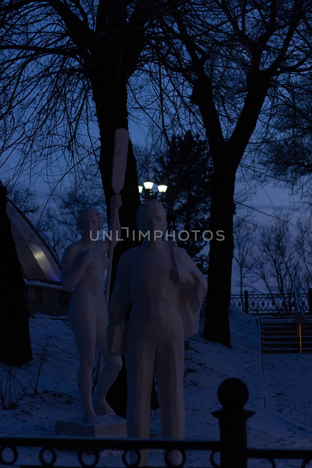 Soviet sculptures in the winter evening Park. by rdv27