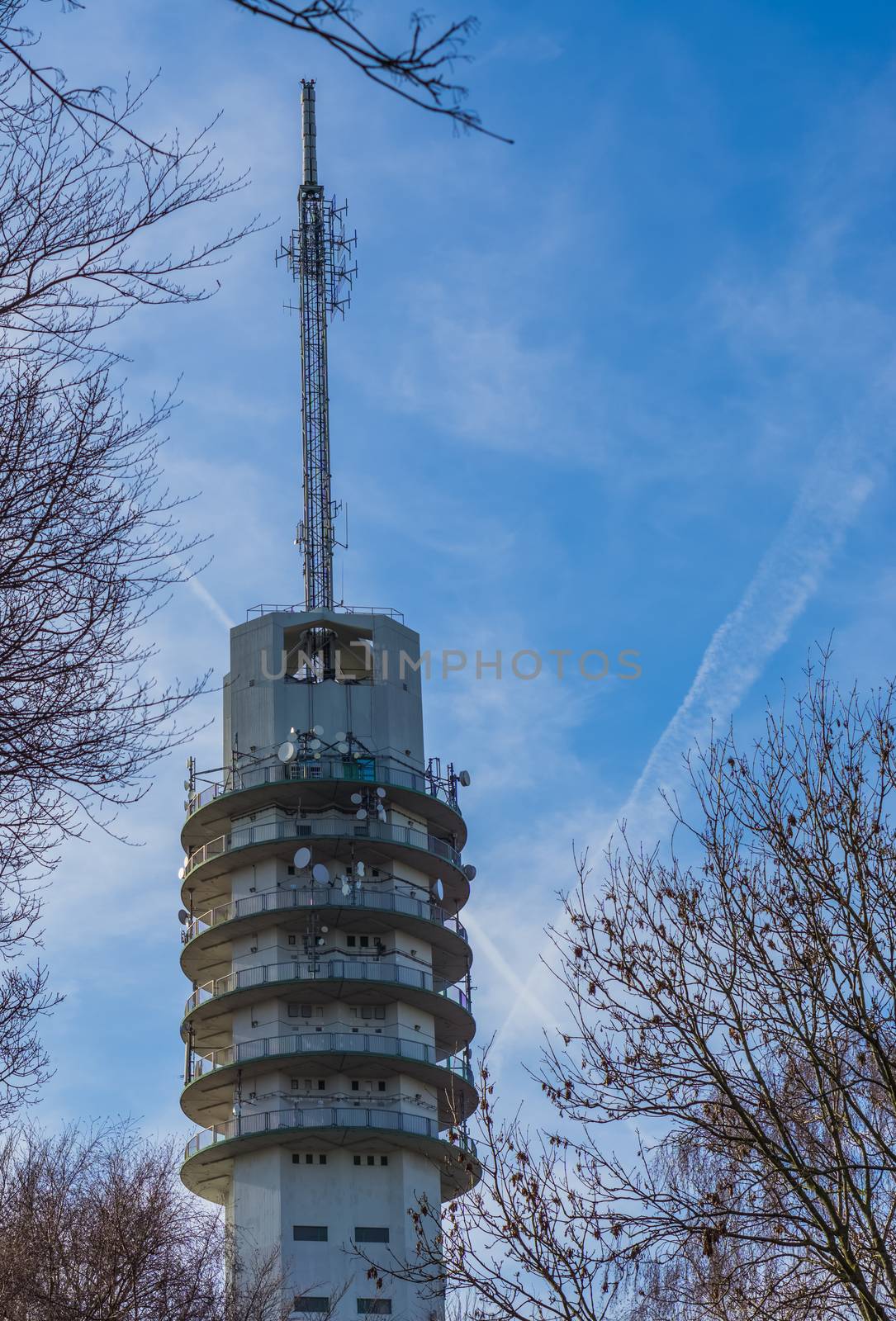 Big signal broadcasting tower, view from the forest with blue sky, modern technology and architecture