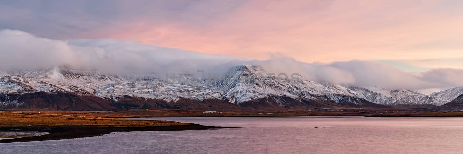 Sunrise in the mountains seen from Reykjavik, Iceland