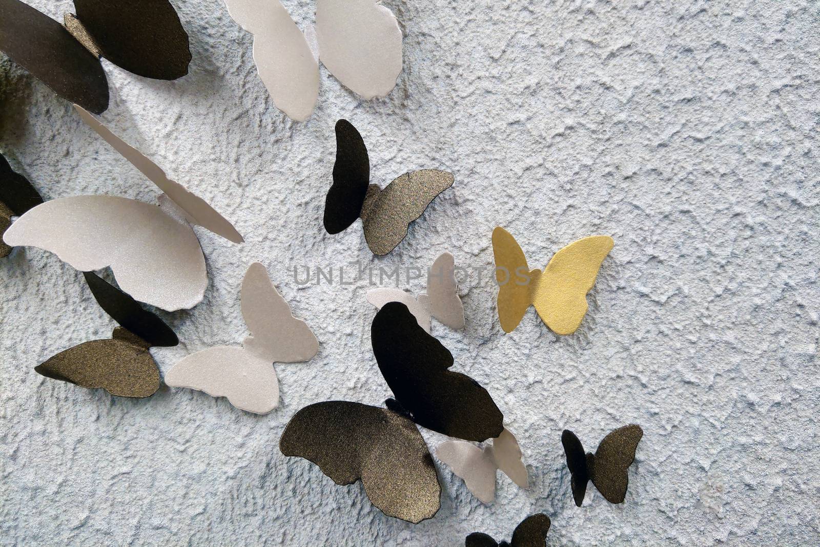 Decorative butterflies on the background of the wall in the building