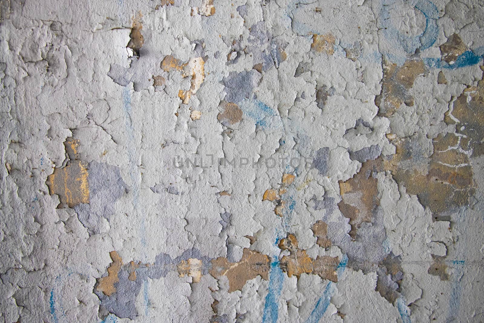 Decrepit White Dirty Plaster Wall With Cracked Structure Horizontal Empty Grunge Background. Old Gray Grey Mortar Wall With Rough Shabby Stucco Layer Isolated Texture. Blank Peeled Messy Surface. by kip02kas