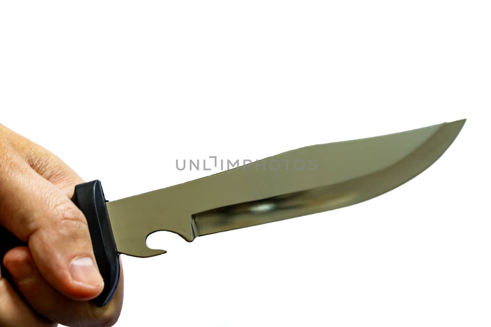 Man's hand is holding a knife isolated on white background