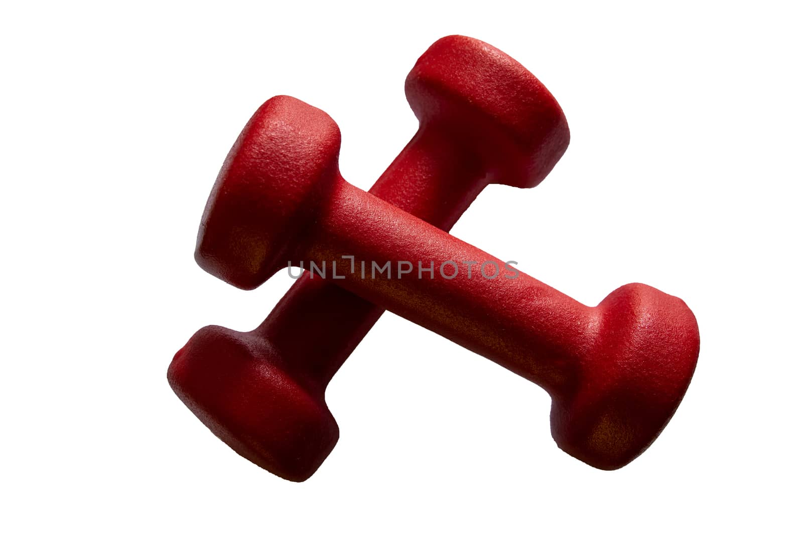 Two red rubber or plastic coated fitness dumbbells isolated on white background