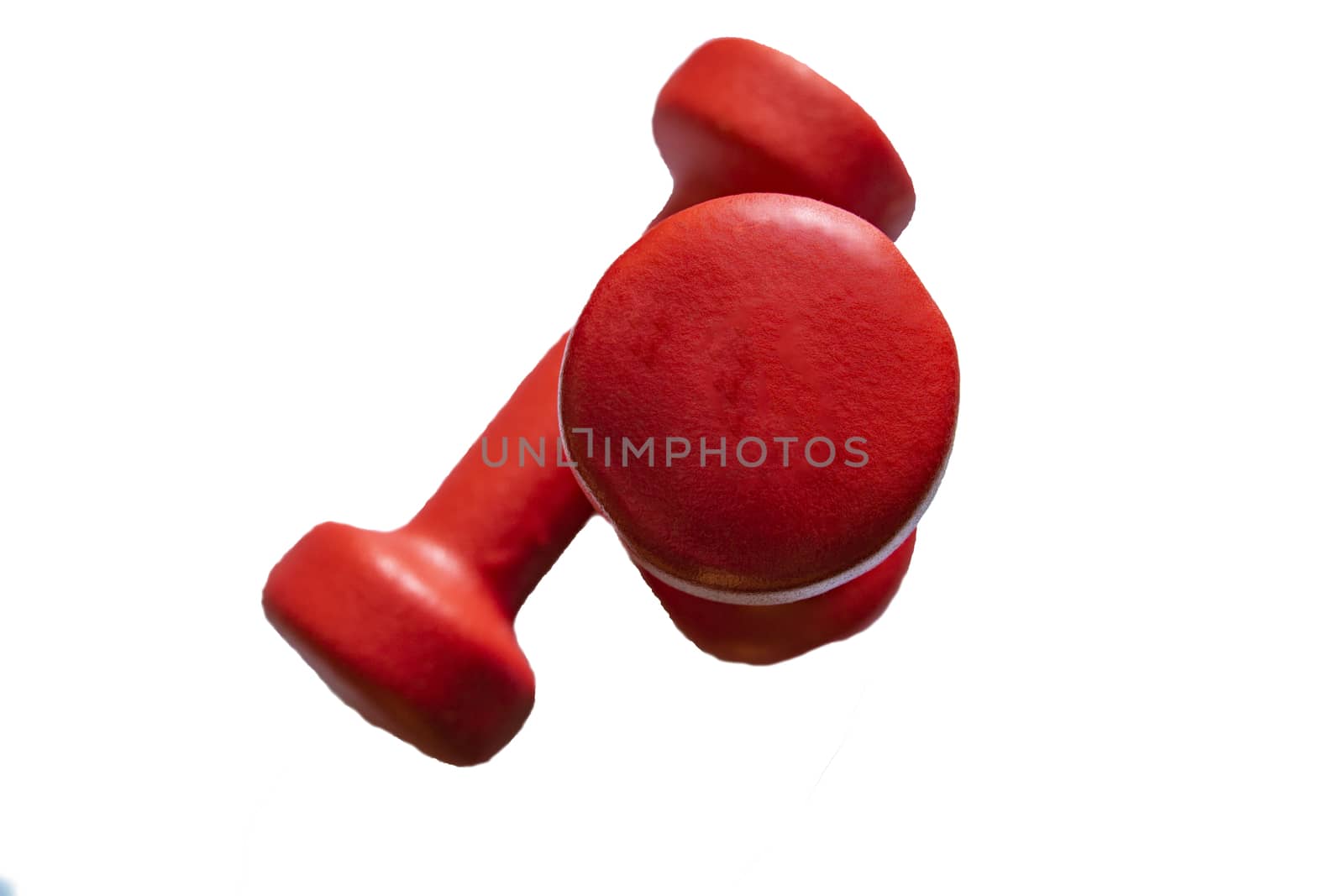 Two red dumbbells isolated on white background. View from above. by kip02kas