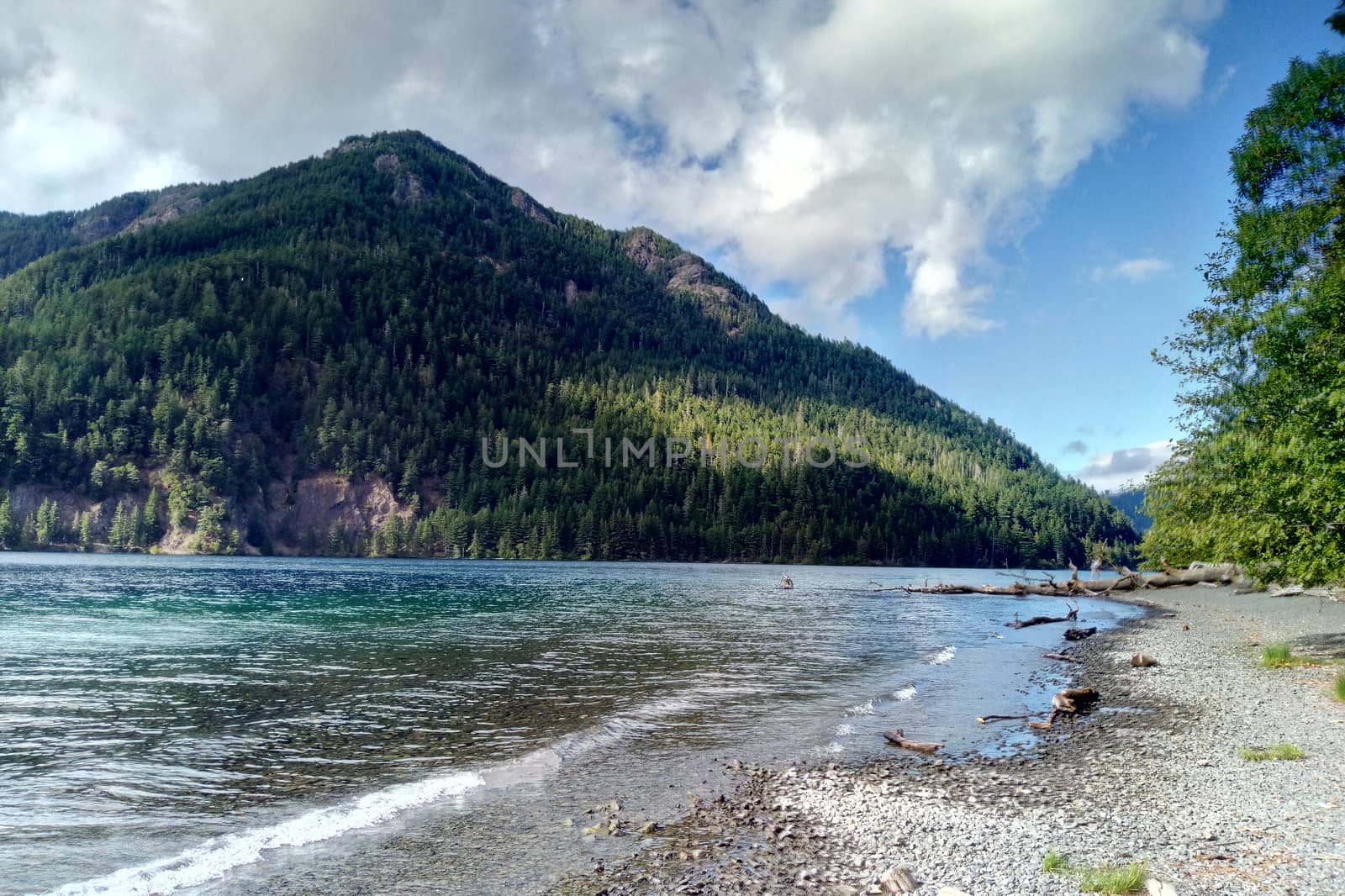 Beautiful view of the lake, surrounded by mountains, and the sky