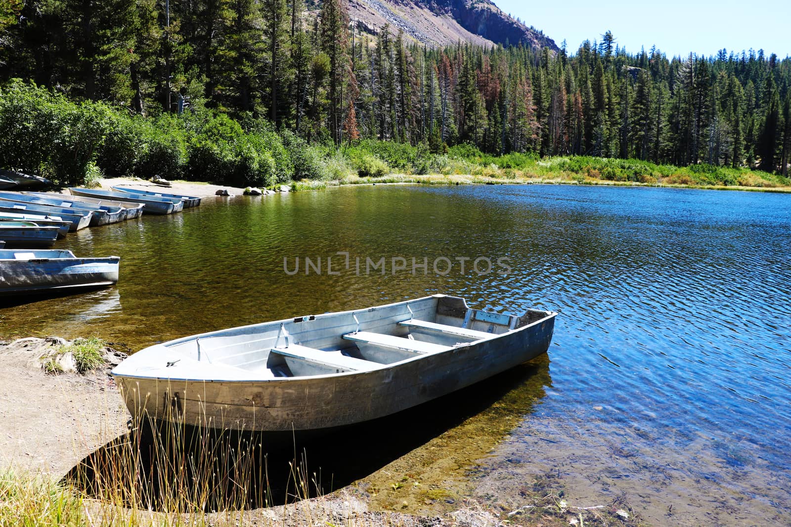 fishing boat docked in a calm lake of dreamy scenery.