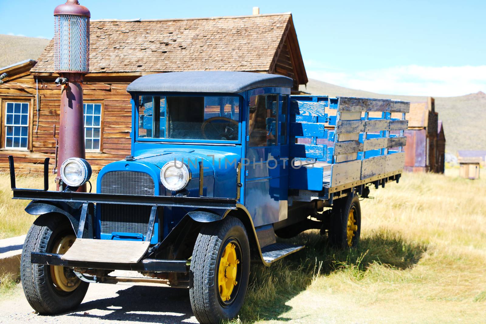 Bridgeport California - August 11, 2018 -Living in the Past Lane Annual Festival at Bodie State Park. Old Truck on display. 1927 Dodge Graham near old gas pumps