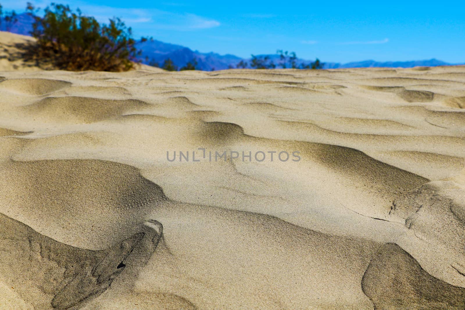 Sand dunes on the background of mountains and blue sky.