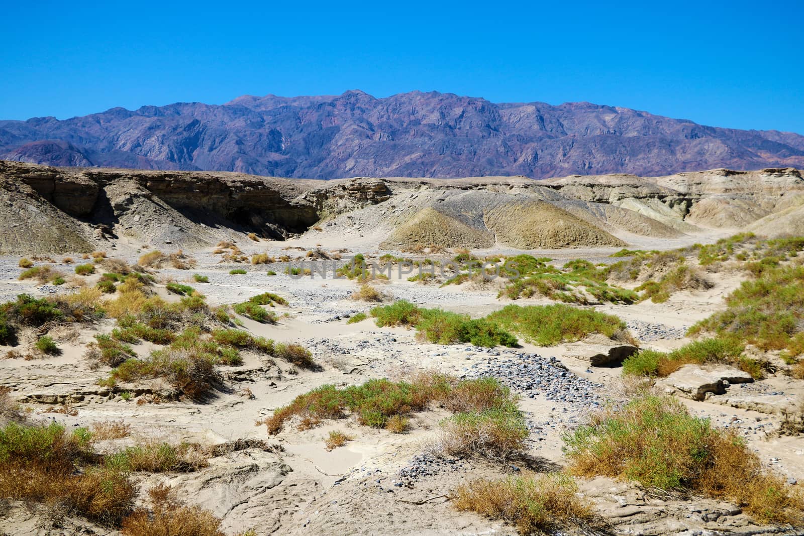 View of the dry mountain river and mountains