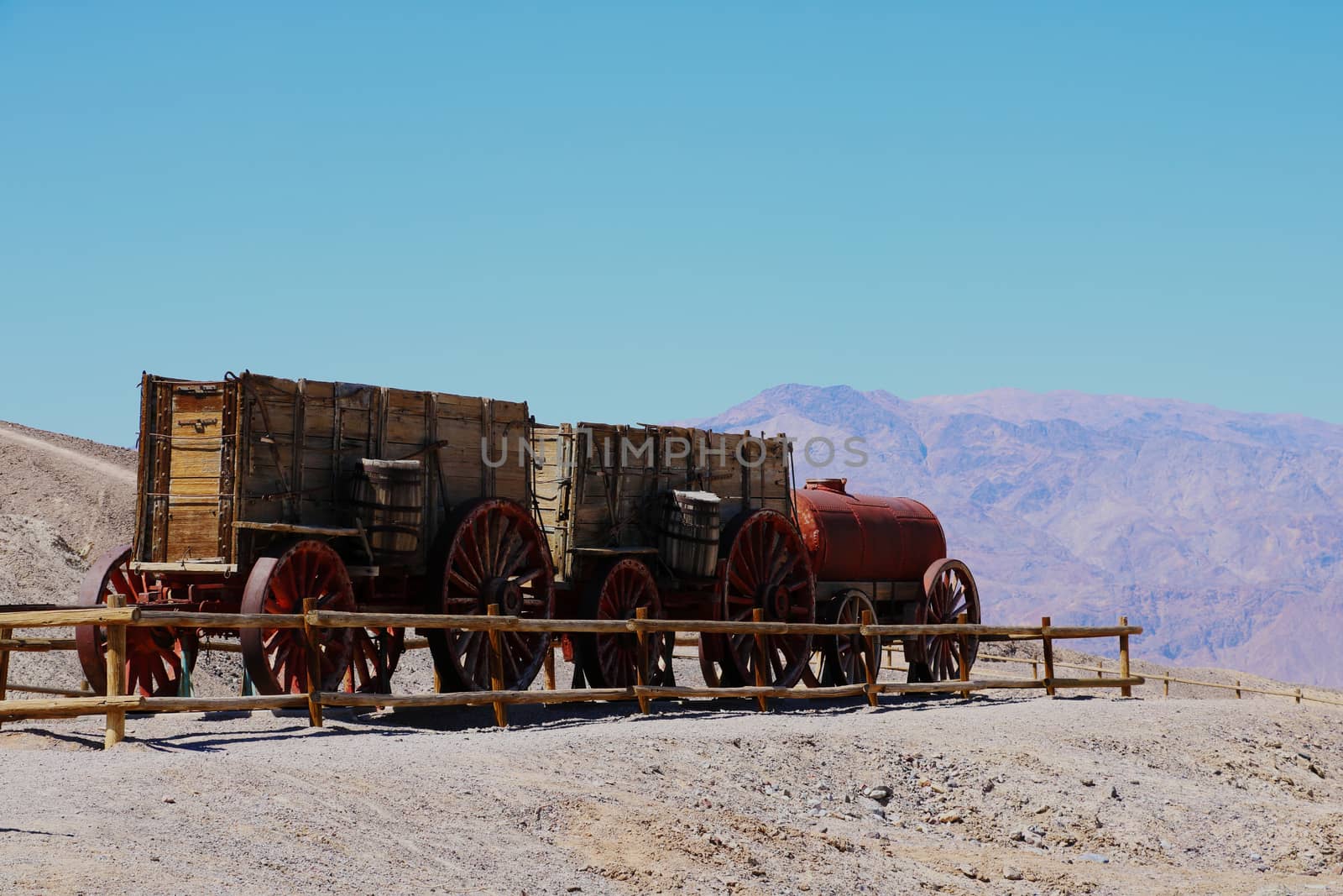 A 20 mule team Borax wagon train at Harmony Borax Works in Death Valley, USA. by kip02kas