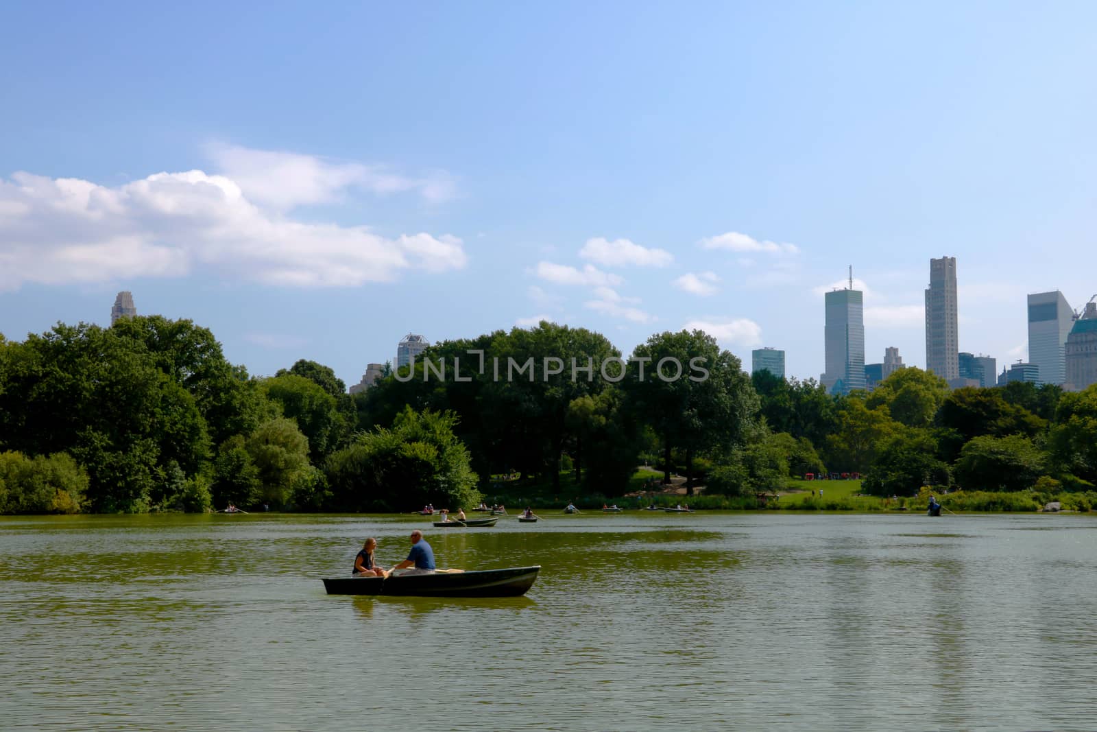 NEW YORK, USA - August 30, 2018: boat on the canal in Central Park, New York City, USA