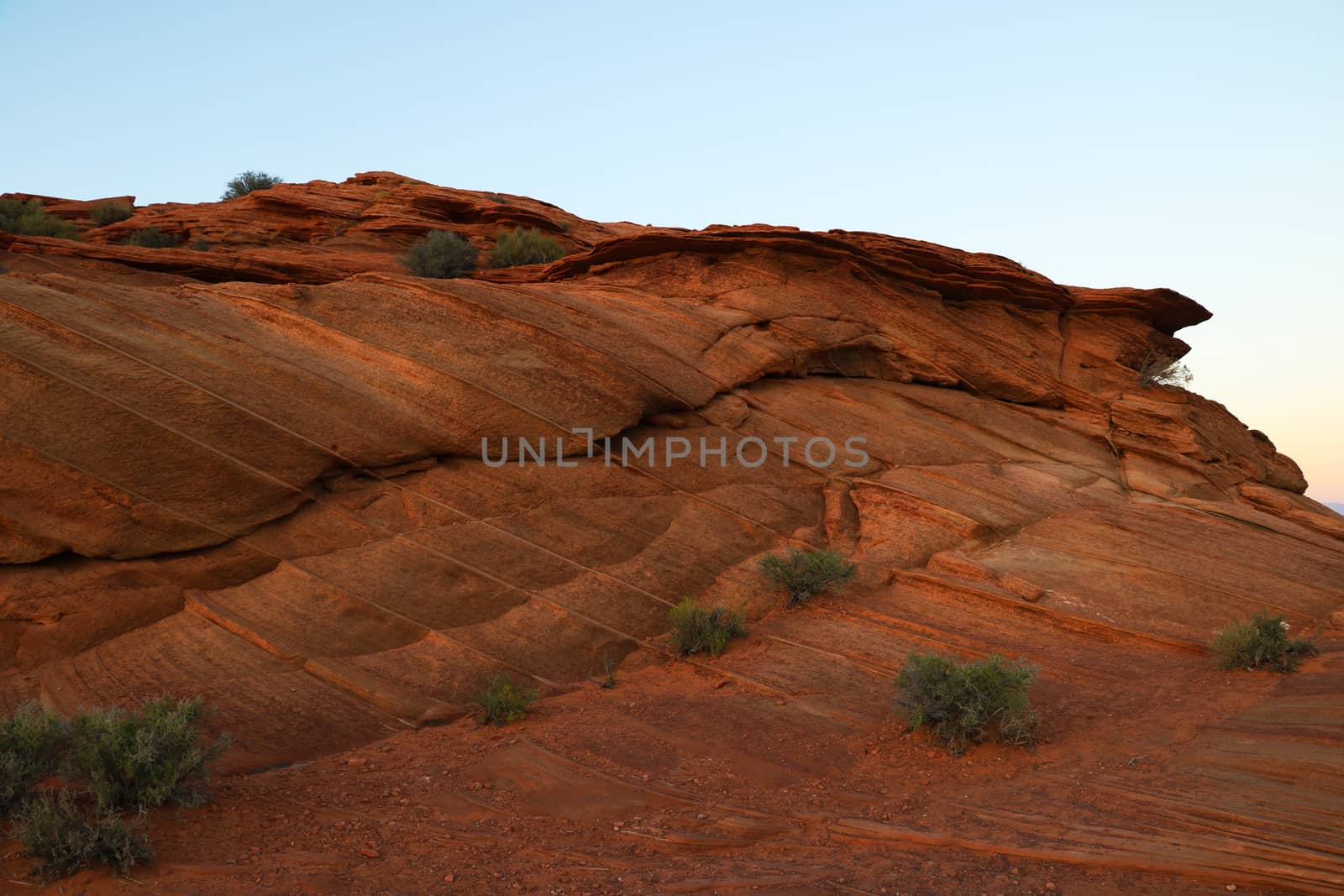 Area around Horseshoe Bend in summer sunny day, formation in Colorado River, Page, Arizona, USA. by kip02kas