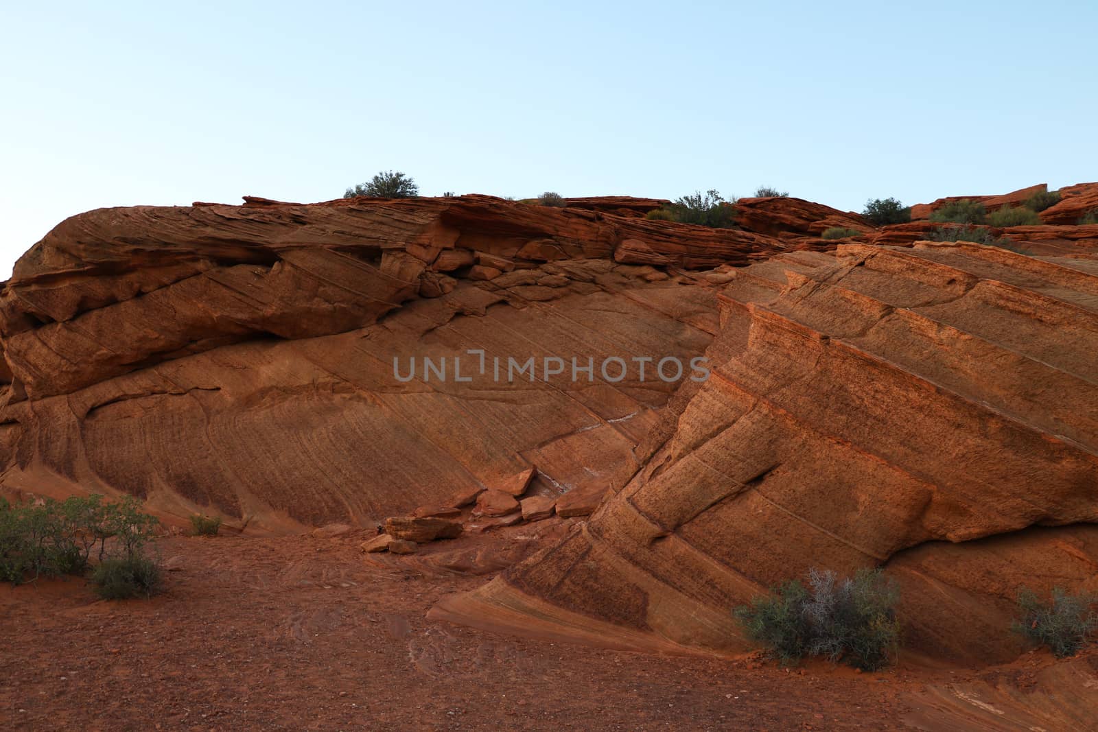 Closeup of red sandstone rock of Horseshoe Bend Arizona during sunset