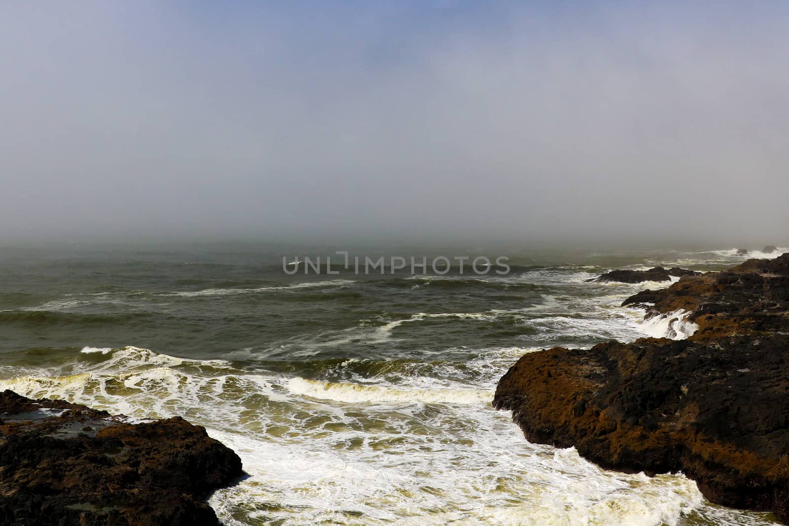 Aerial view of ocean waves and fantastic rocky coast in foggy morning.