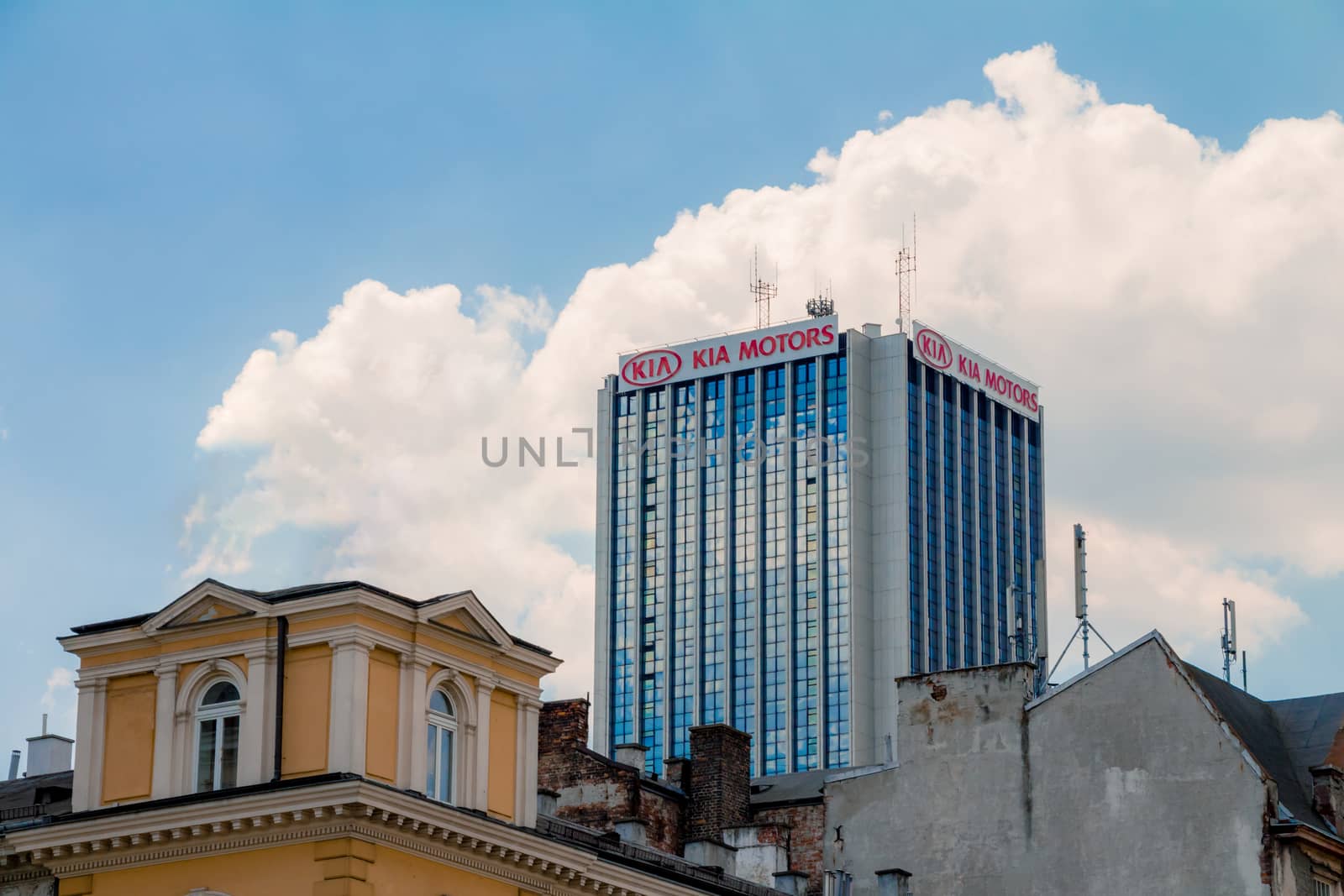 Warsaw, Poland - May 31, 2018: High office building of the KIA motors company in the city center.
