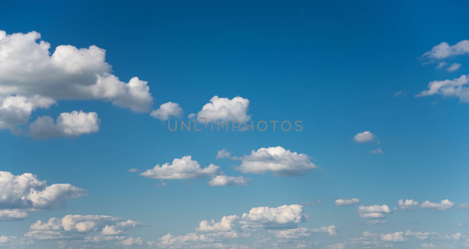 Panorama of vast blue summer sky with fluffy white cumulus clouds