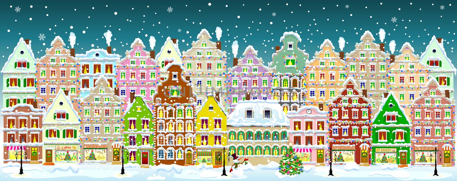 City street in winter. Christmas Eve. The winter vacation. The houses are covered with snow. Snow on a city street. Houses decorated before the winter holidays.  Snow-covered city street.                                                                                                                                                                                                                                                           