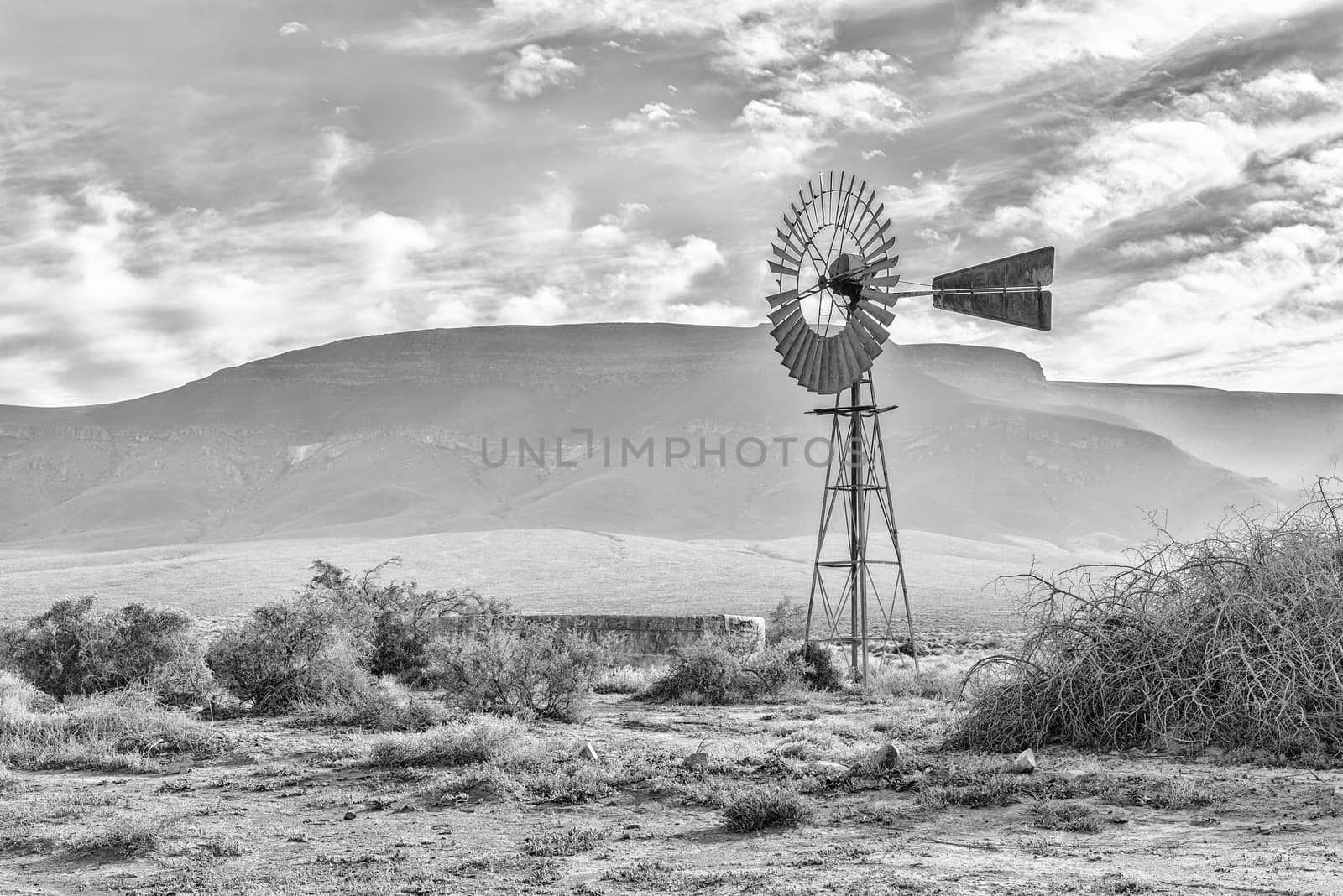 An early morning landscape, with a windmill and dam, in the Tankwa Karoo of South Africa. Monochrome