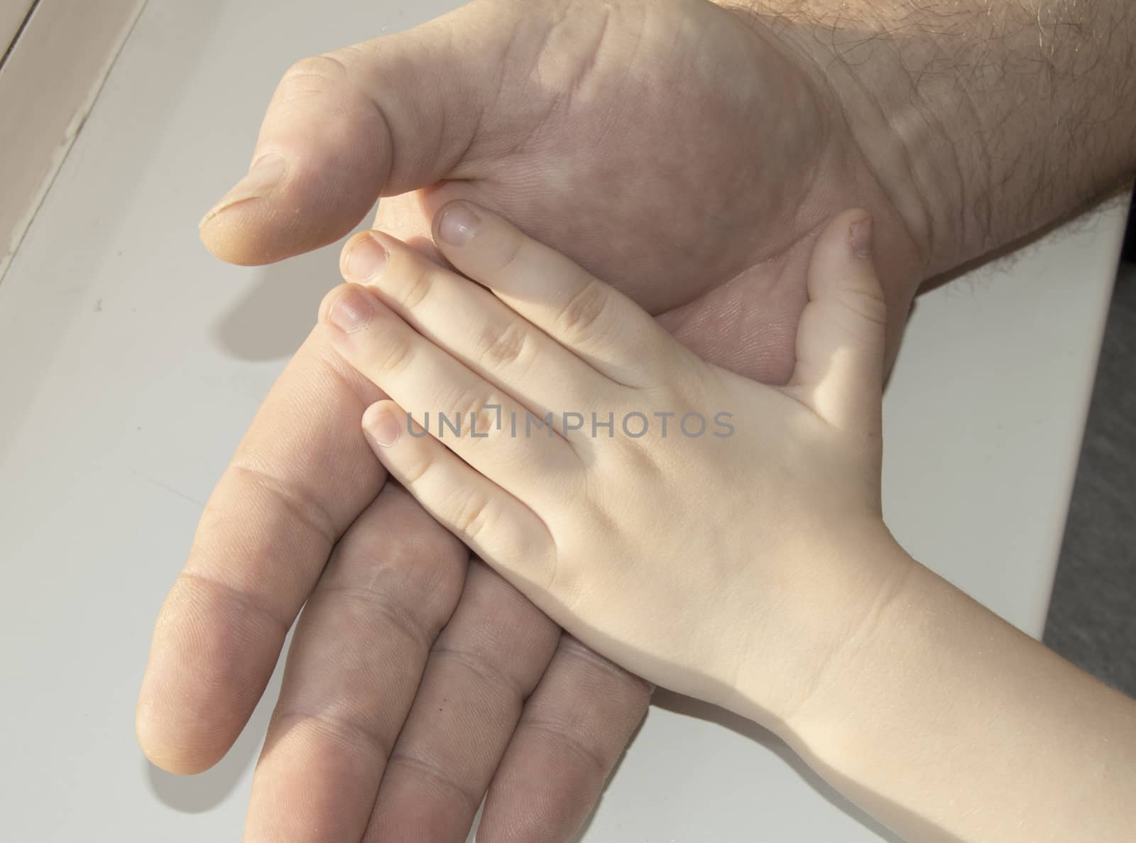 The father carefully holding in his hand the hand of a child. Happy family, care and love, father's day by claire_lucia