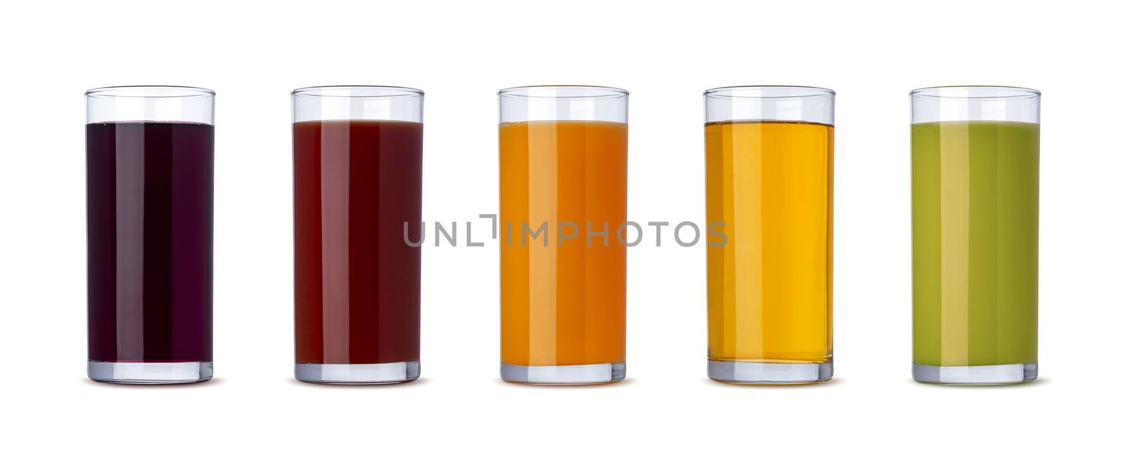 Collection of different juices, Orange, Cherry, Grape, Tomato and Apple. Fresh vegetable and fruit juice in glass isolated on white background with clipping path