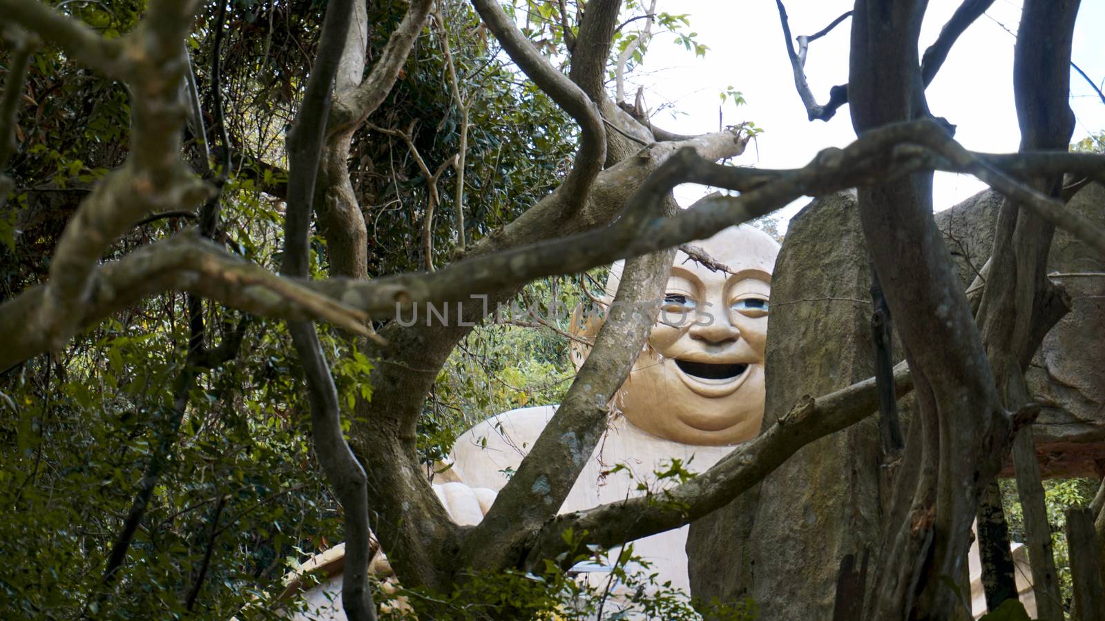 Portrait of a Chinese god statue stone in rain tropical forest - China, Hainan