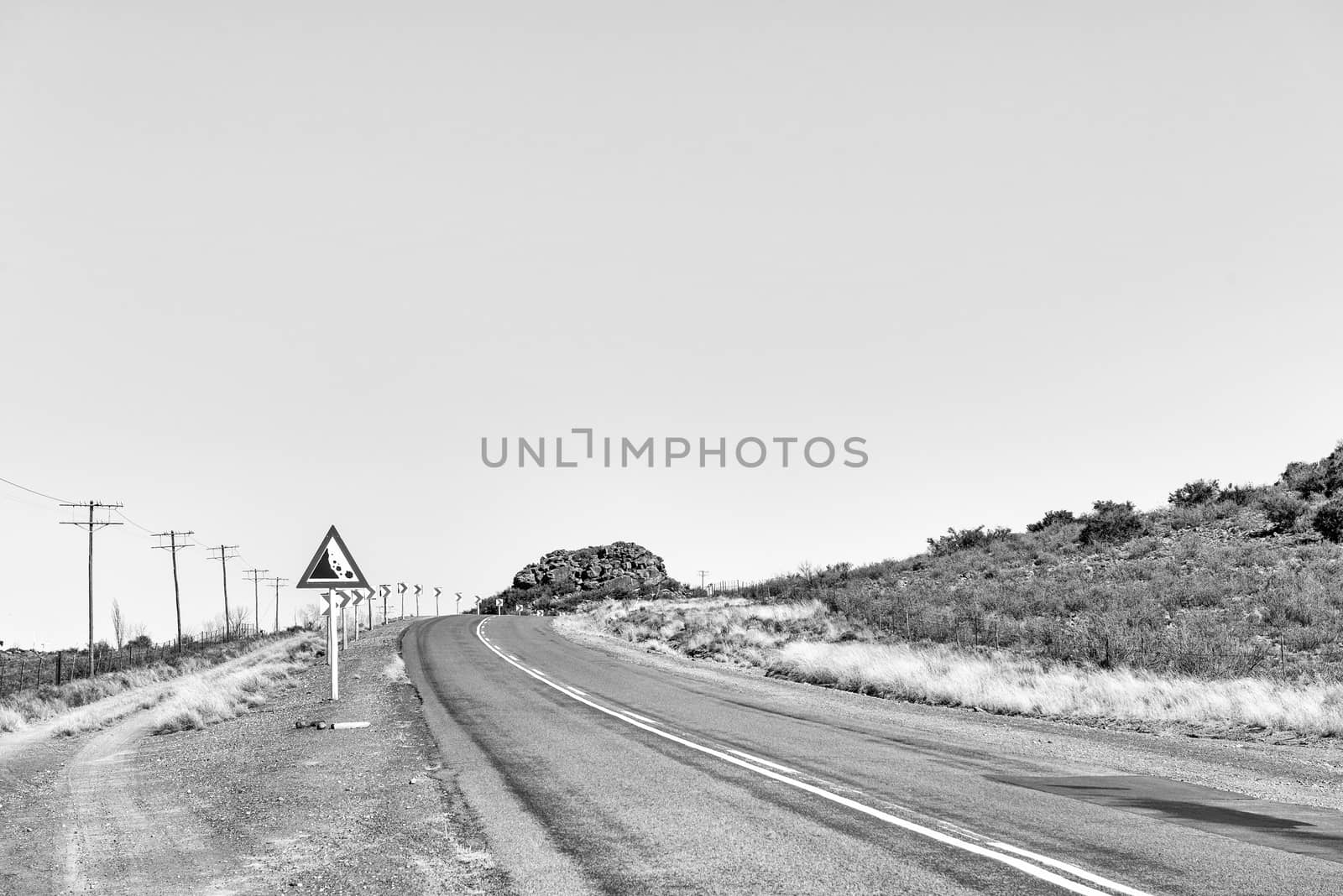 A view of road R48 at Modderfontein between Phillipstown and De Aar in the Northern Cape Province. Monochrome
